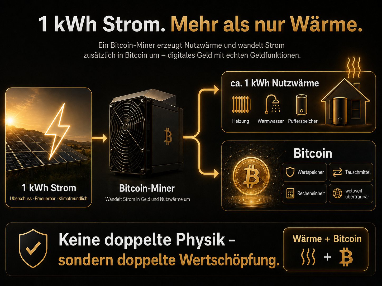 Infografik: 1 kWh PV-&Uuml;berschussstrom wird im Bitcoin-Miner zu rund 1 kWh Nutzw&auml;rme f&uuml;r Heizung, Warmwasser und Pufferspeicher &ndash; und zus&auml;tzlich zu Bitcoin als Wertspeicher, Tauschmittel, Recheneinheit und weltweit &uuml;bertragbarem Geld. Keine doppelte Physik, sondern doppelte Wertsch&ouml;pfung.